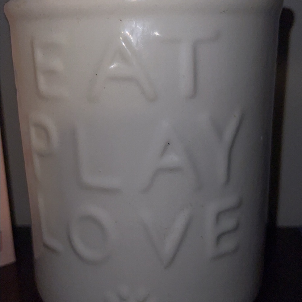 White Ceramic Canister with Embossed Text